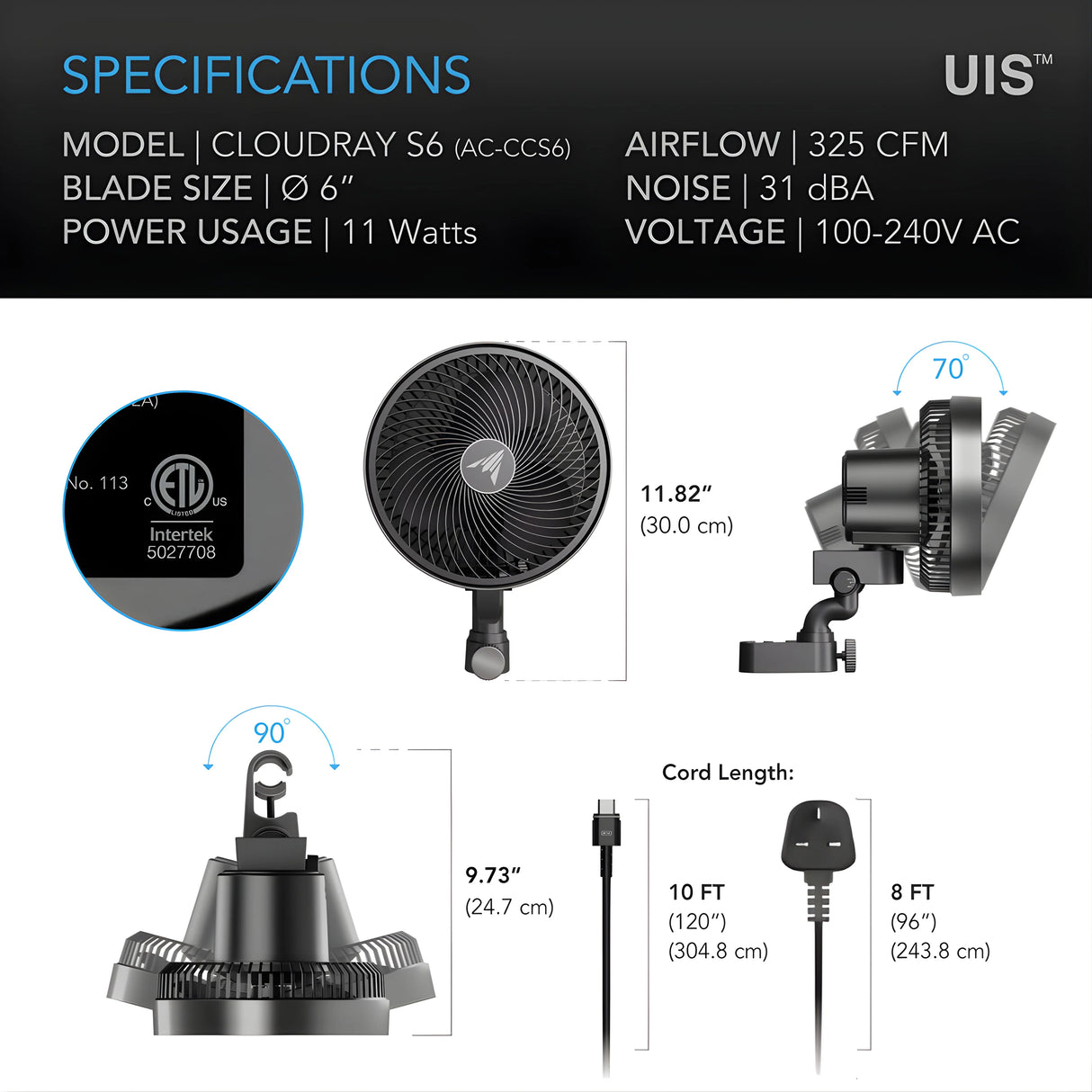 AC Infinity Cloudray S6 Oscillating Clip On Fan