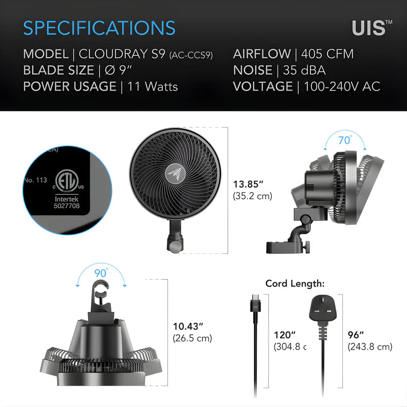 AC Infinity Cloudray S9 Oscillating Clip On Fan